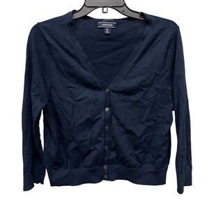 Lands End Womens Navy Blue 100 Supima Cotton V-Neck Cardigan Sweater Size M
